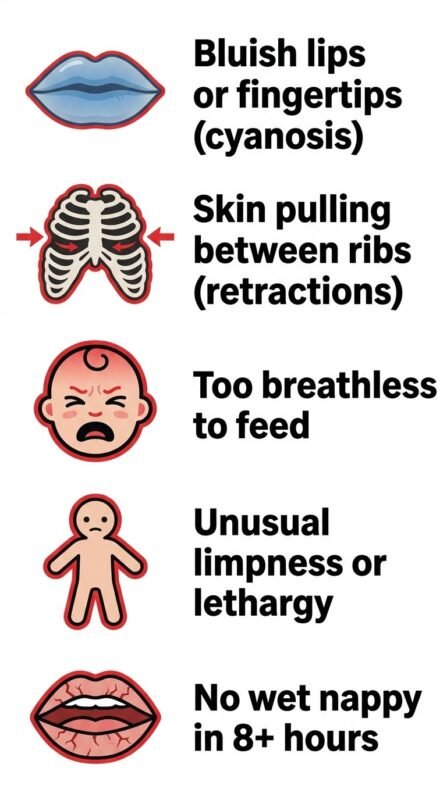 RSV emergency warning signs in infants including cyanosis laboured breathing and dehydration