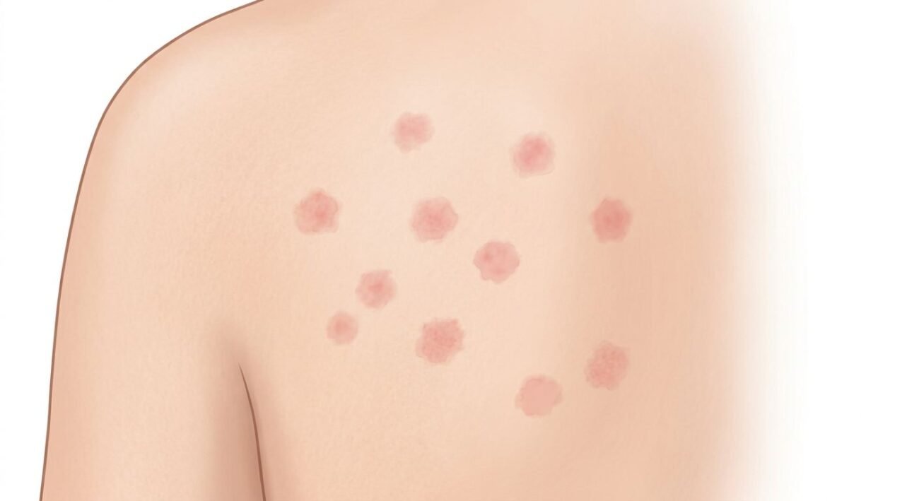 close-up of RSV rash showing flat pink non-itchy spots on a child's torso
