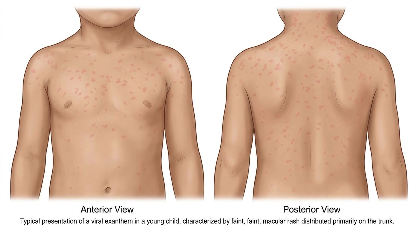 RSV rash on child's back showing faint pink spots — RSV rash appearance guide