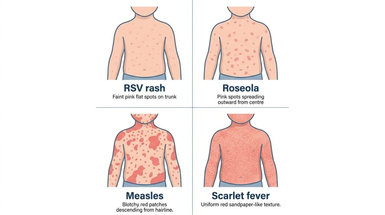 RSV rash compared to roseola measles scarlet fever and allergic reaction side by side