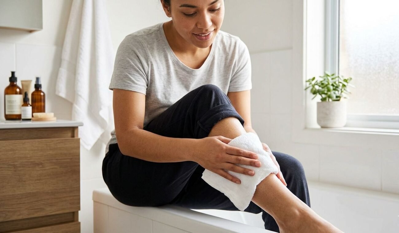 Person applying a warm compress to an ingrown hair bump for home treatment